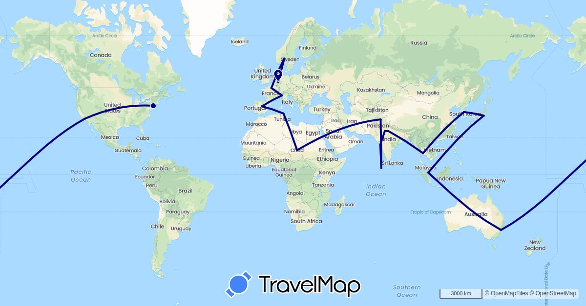 TravelMap itinerary: driving in Australia, Germany, Spain, France, India, Italy, Japan, South Korea, Maldives, Norway, Pakistan, Singapore, Chad, Thailand, Tunisia, United States (Africa, Asia, Europe, North America, Oceania)